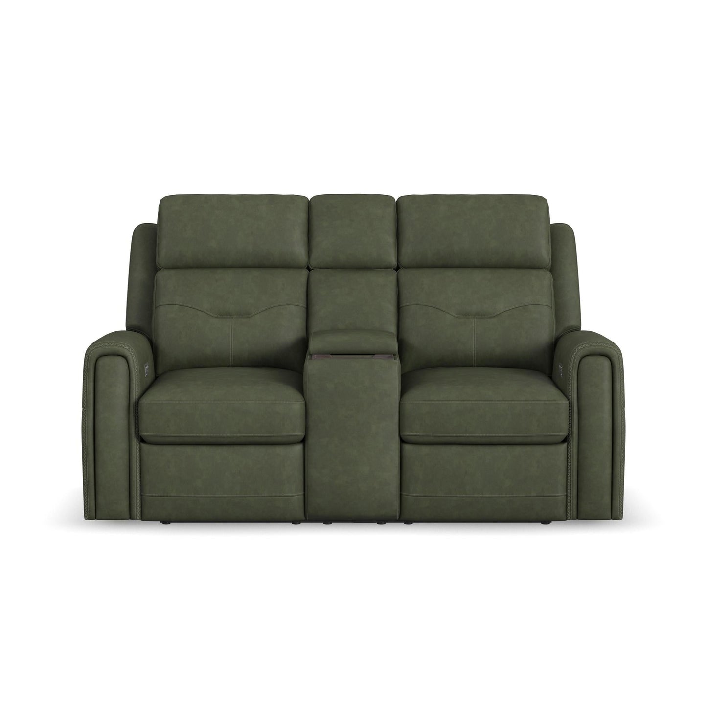 Felix Forest Green Leather Power Reclining Loveseat with Console, Power Headrest, Lumbar, Heat & Massage