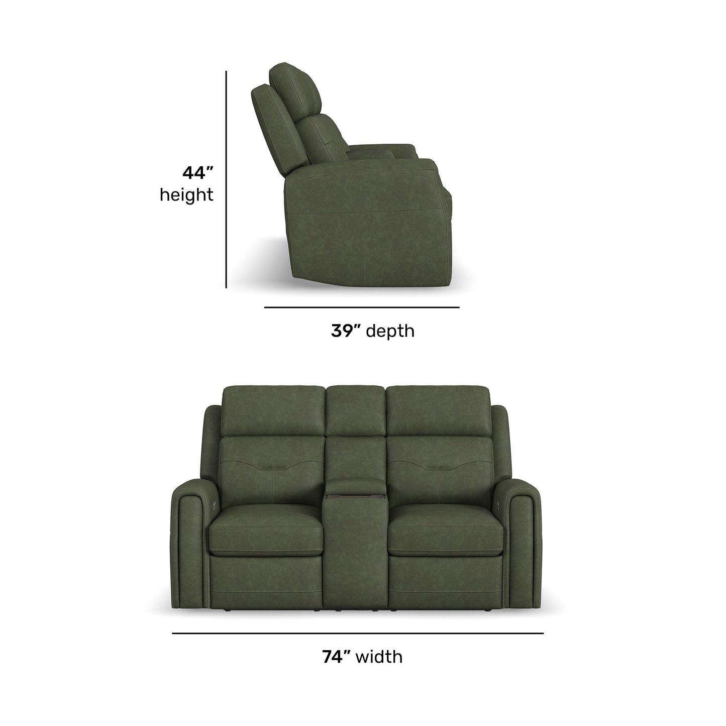 Felix Forest Green Leather Power Reclining Loveseat with Console, Power Headrest, Lumbar, Heat & Massage