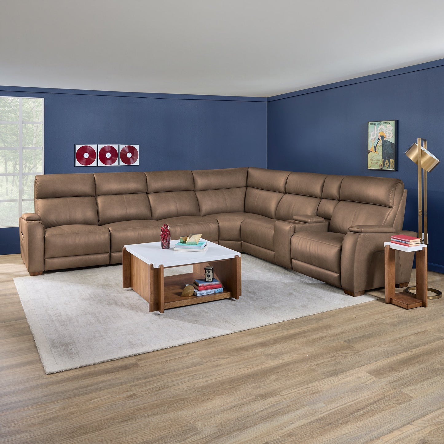 Vibe Taupe Leather Power Reclining Sectional with Power Headrest, Lumbar, Heat, Massage & Pulse