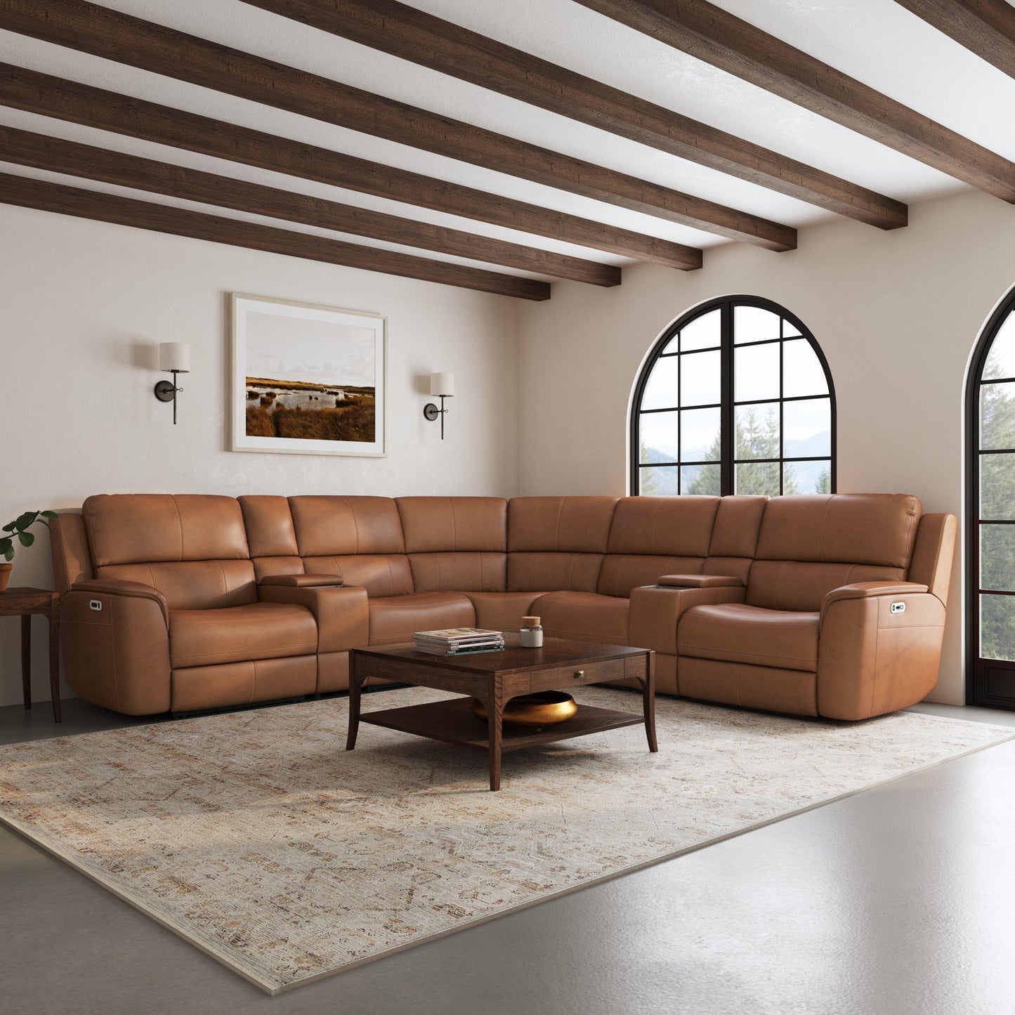 Henry Caramel Leather Power Reclining Sectional with Power Headrests & Lumbar