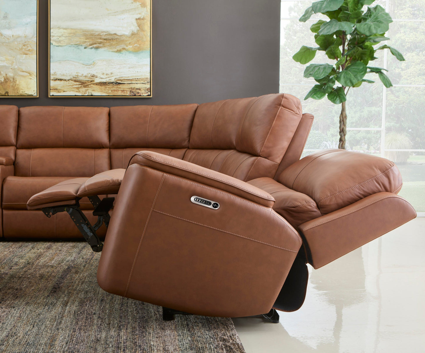 Henry Caramel Leather Power Reclining Sectional with Power Headrests & Lumbar