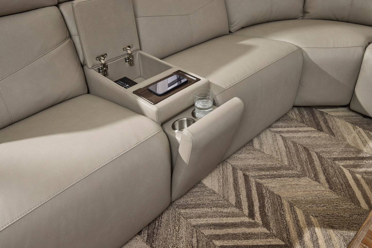 Vernon Dove Grey Fabric Power Reclining Sectional with Power Headrest, Lumbar, Heat, & Massage