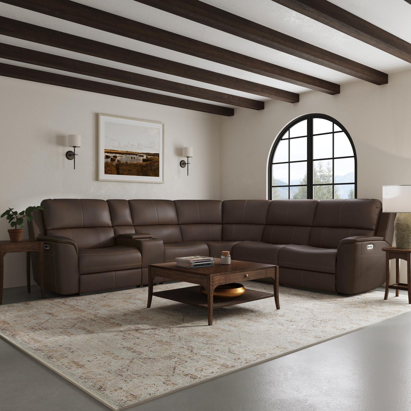 Henry Burnt Umber Leather Power Reclining Sectional with Power Headrest & Lumbar