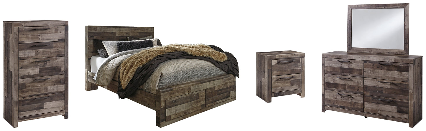 Derekson Queen Panel Bed with 2 Storage Drawers with Mirrored Dresser, Chest and Nightstand