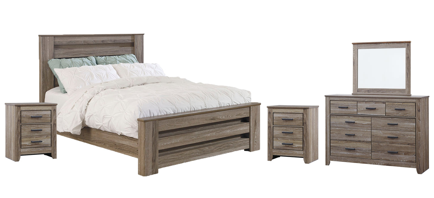 Zelen Queen Panel Bed with Mirrored Dresser and 2 Nightstands