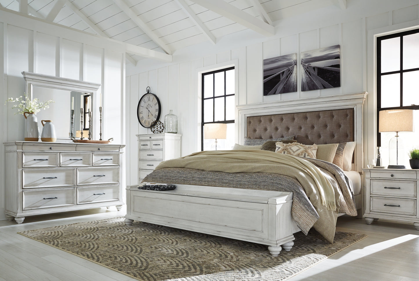 Kanwyn Queen Panel Bed with Storage with Mirrored Dresser and Chest