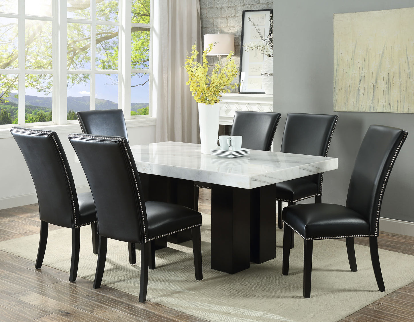 Camila Marble Dining Group
(Table & 4 Blue Velvet Side Chairs)
Black and Silver Side Chairs Can Be Added Optionally