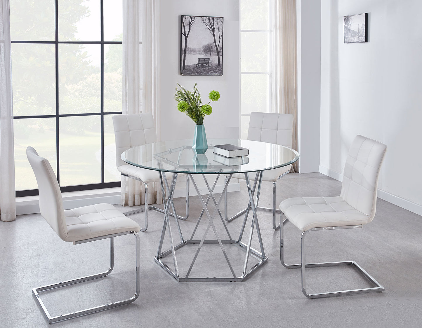 Escondido White 5 Piece Set
(Glass Top Table & 4 Side Chairs)