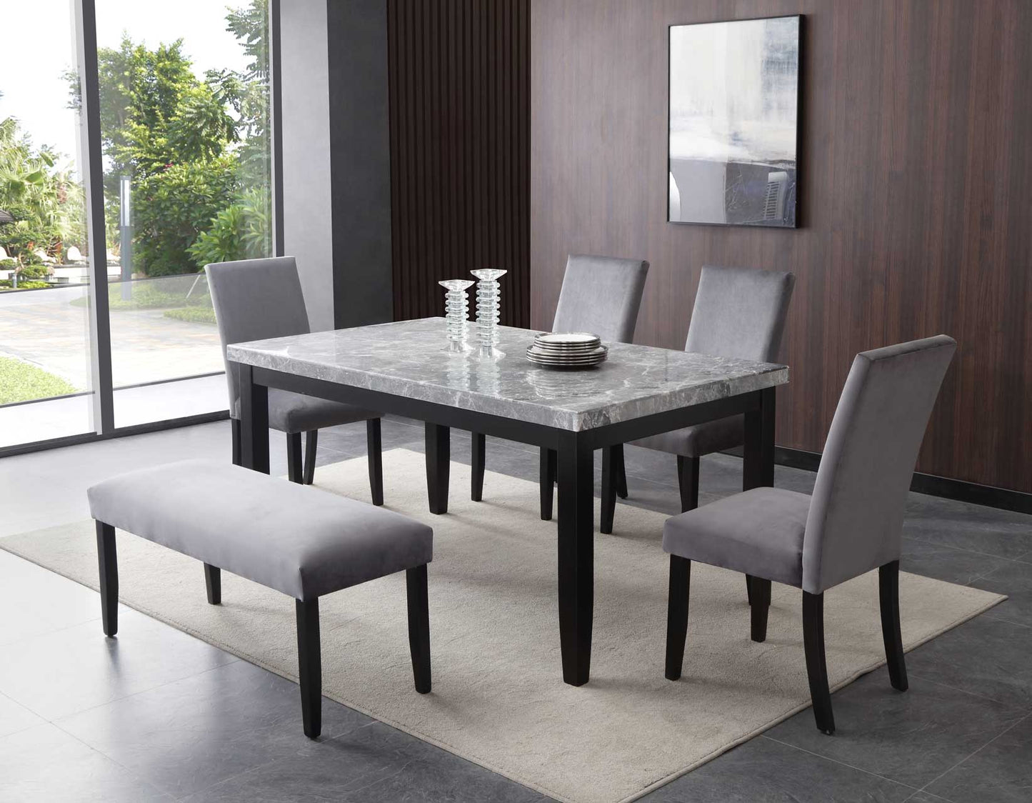 Napoli 6-Piece 64-inch Gray Marble Dining Set
(Table, Bench & 4 Side Chairs)