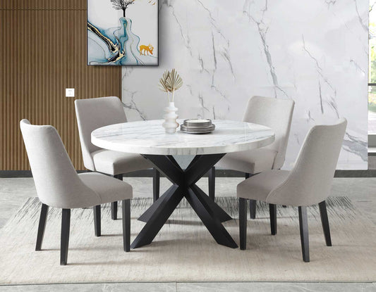 Xena 52-inch Round 5-Piece White Marble Dining Set
(Table & 4 Side Chairs)