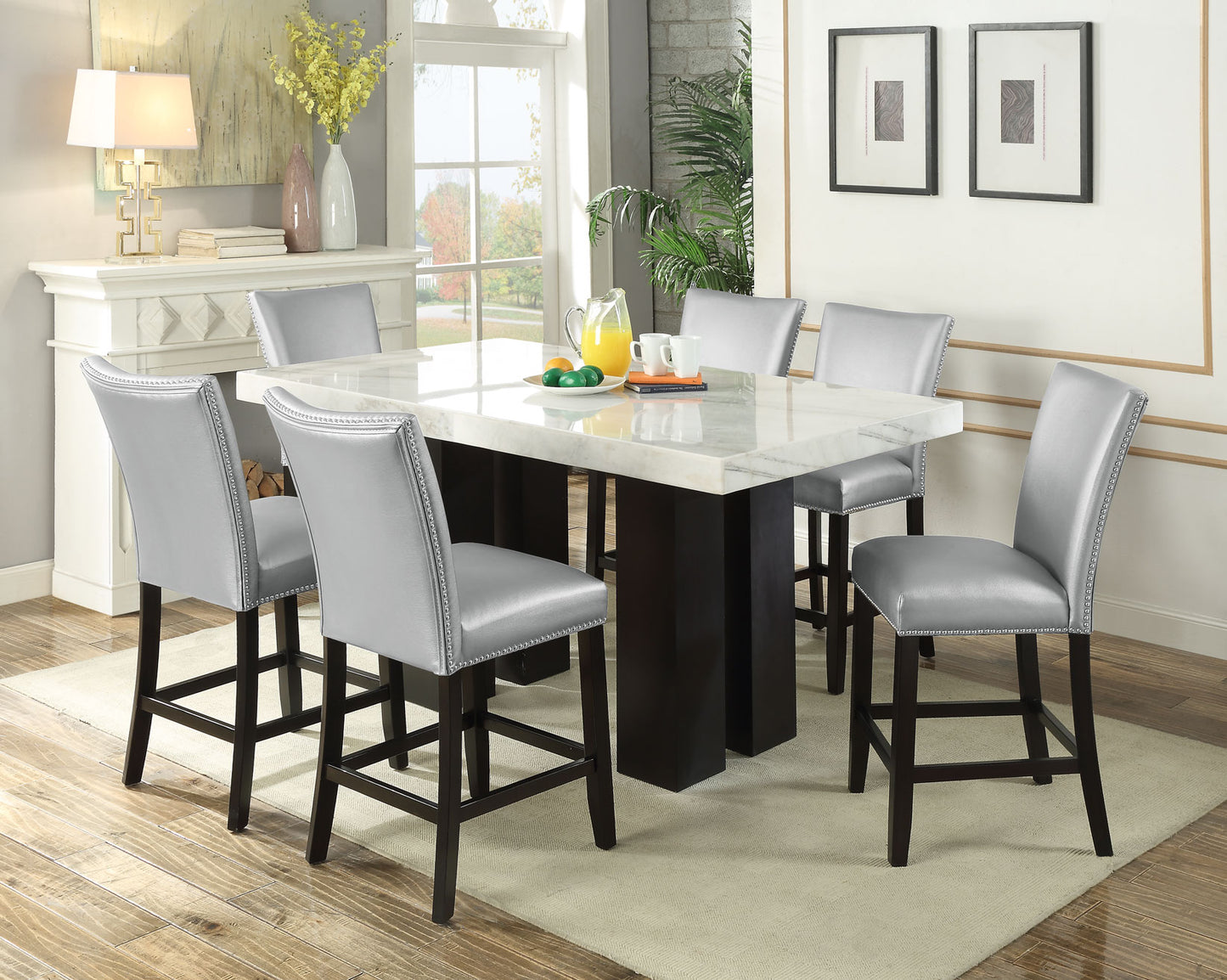 Camila 7 Piece Rectangular White Marble Top Counter Dining Set
(Counter Table & 6 Counter Chairs)